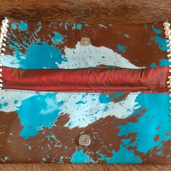 Turquoise Acid Washed Cowhide Clutch Purse - Picture 3 of 7